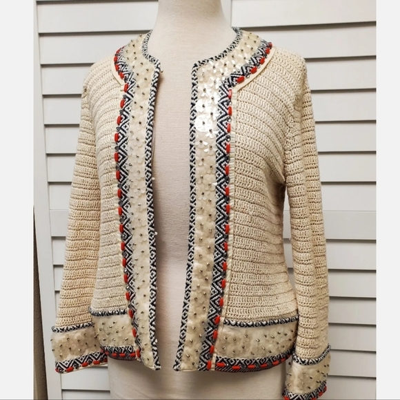TORY BURCH Donovan Embellish Crochet Linen Jacket Sweater Cardigan. Medium. EUC - Picture 7 of 13